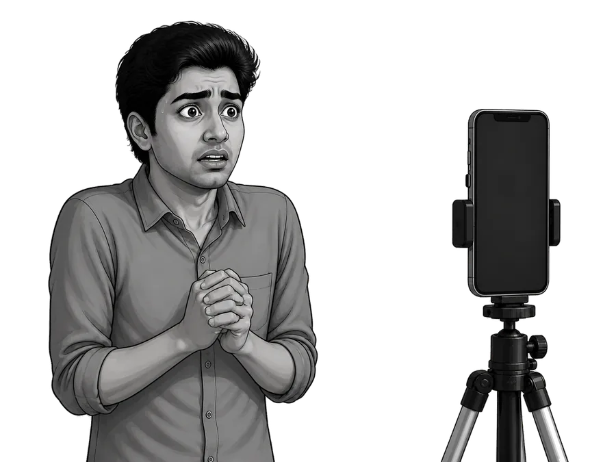 A young man standing tense in front of a phone on a tripod