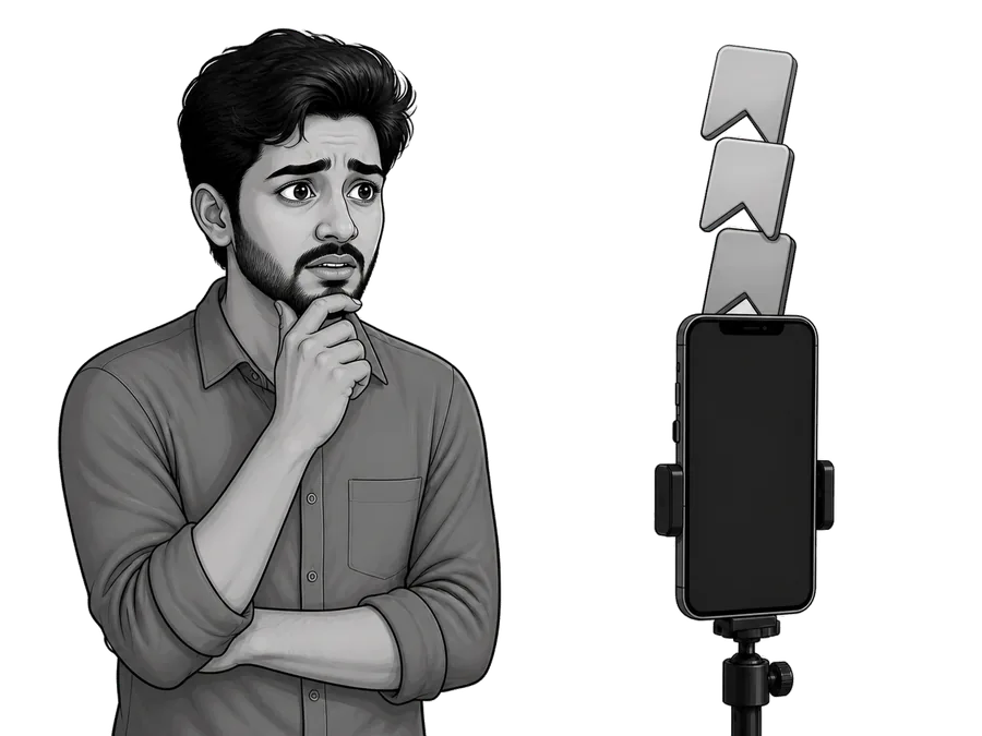 The same young man beside a phone overflowing with saved posts