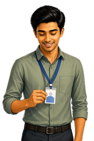 The same young man wearing a staff identity card