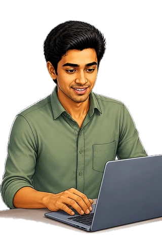 The same young man working at a laptop