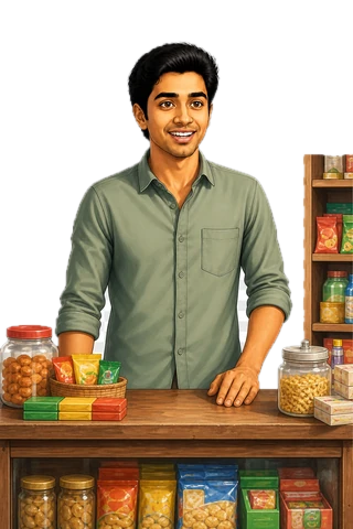 The same young man behind his own shop counter