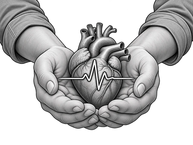 Two cupped hands holding a heart with a heartbeat line across it