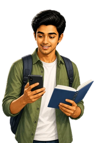 A student holding a notebook and smartphone with a backpack