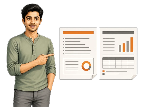 A young man pointing at two worksheets