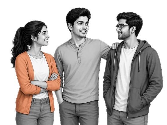 Three people standing together, one with a hand on another's shoulder