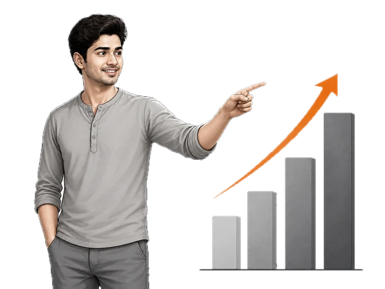 A young man beside a rising bar chart