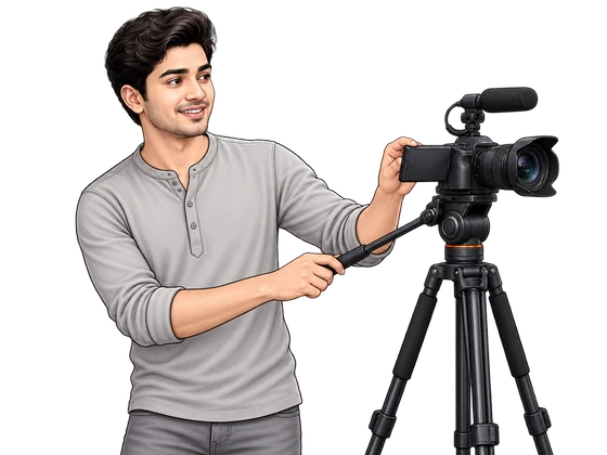 A young man beside a video camera on a tripod