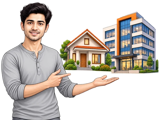 A young man beside a house and an office building