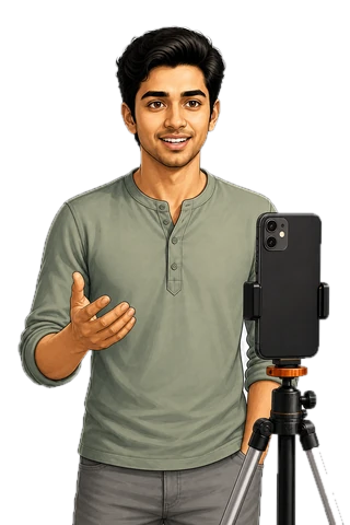 The same young man talking to a phone standing on a tripod