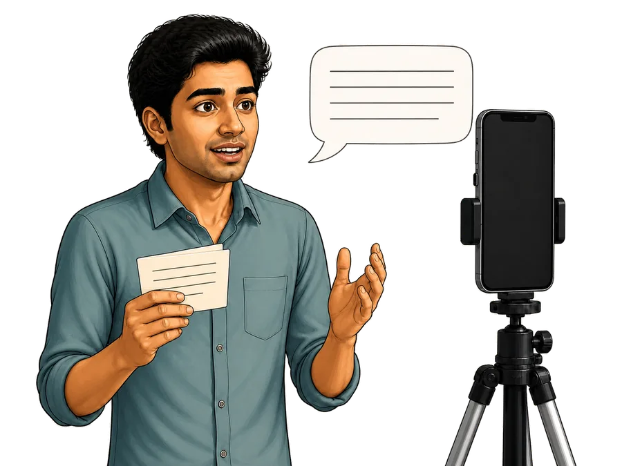 A student confidently speaking to a phone camera with prepared ideas