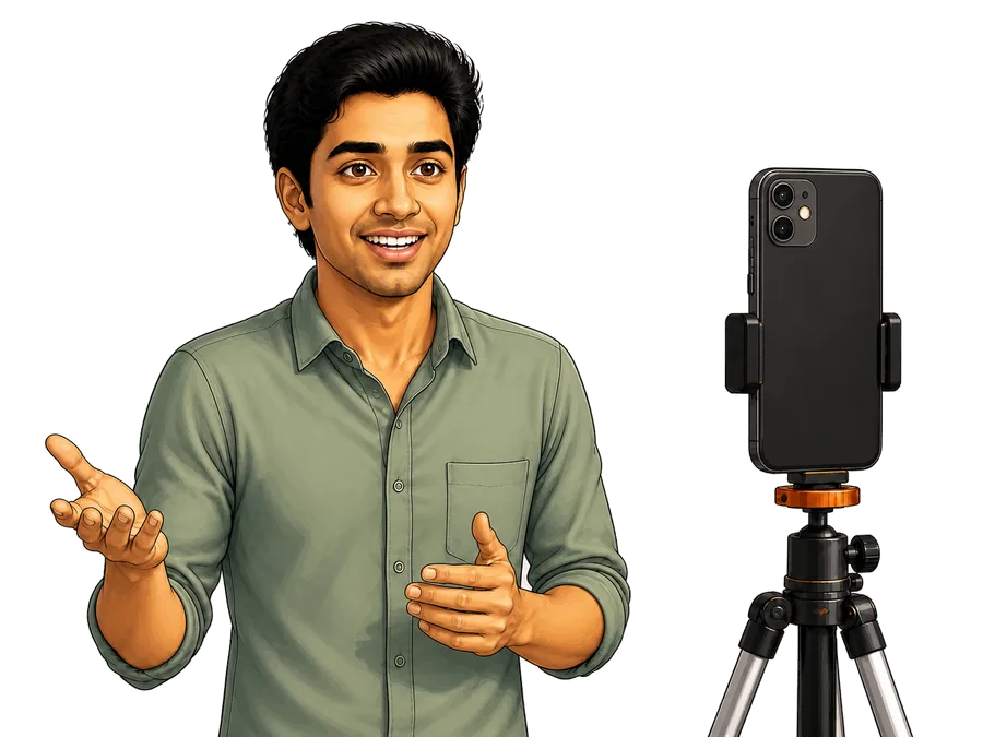A student confidently speaking to a phone camera on a tripod