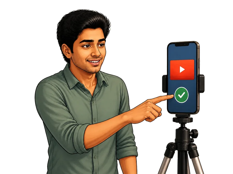 A student publishing a finished video from a phone on a tripod