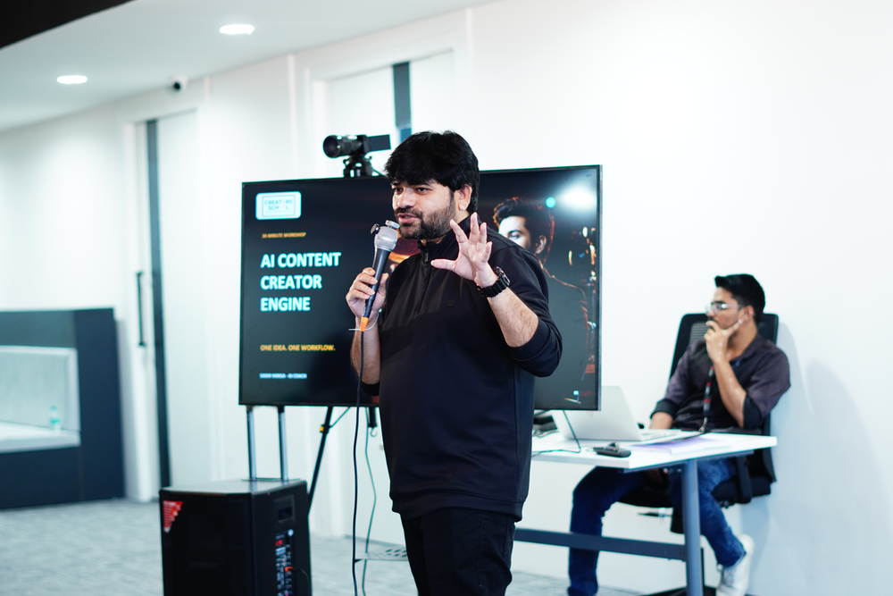 A session in progress with the AI content creator engine slide on the screen